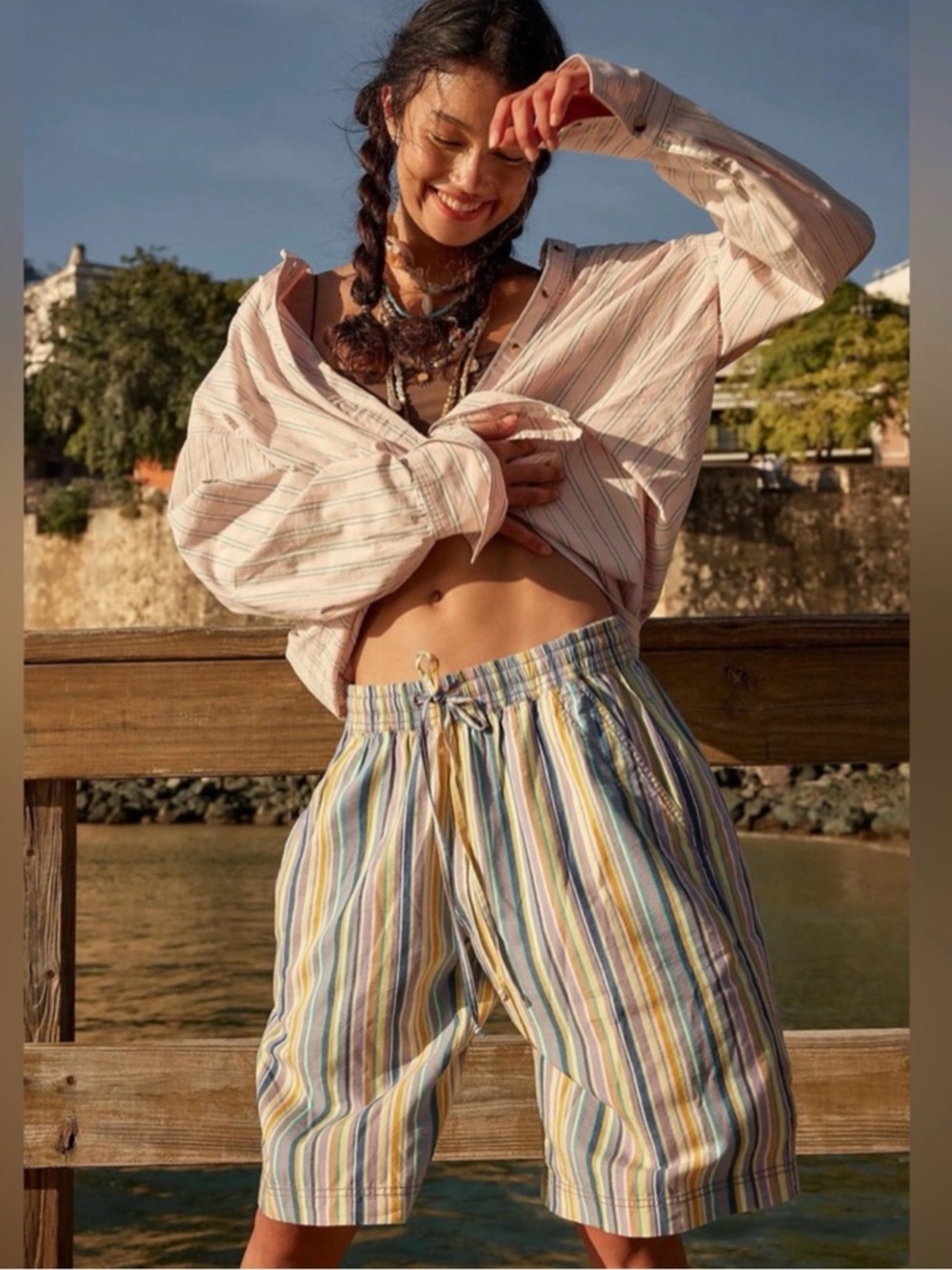 Free People Poplin Saylor Shorts in Sea Combo ~ Size Large ~ NWT